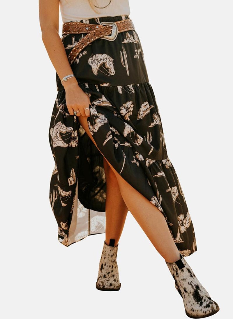 YUNIQEE Black Tiered Printed Elastic Waist Casual Skirt - Image 1