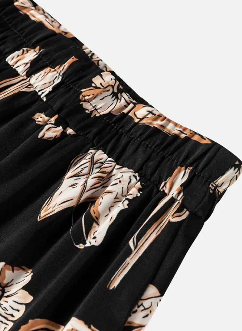 YUNIQEE Black Tiered Printed Elastic Waist Casual Skirt