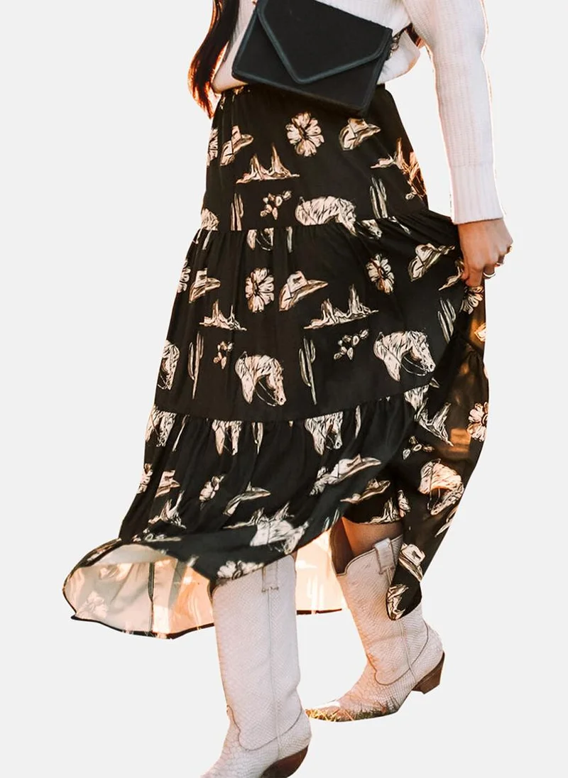 YUNIQEE Black Tiered Printed Elastic Waist Casual Skirt
