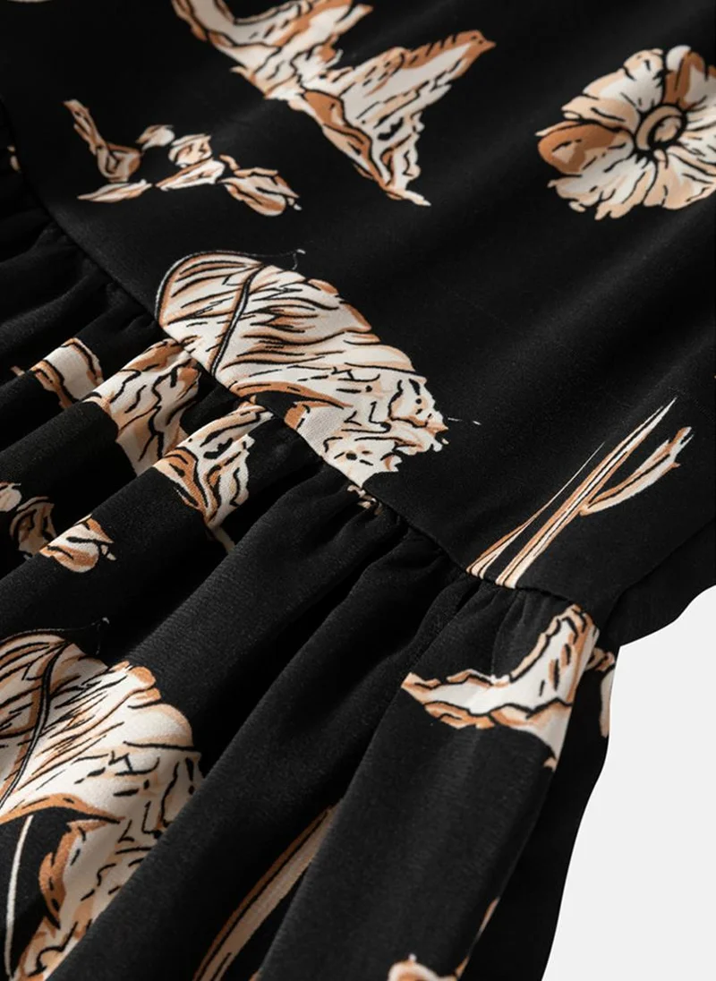 YUNIQEE Black Tiered Printed Elastic Waist Casual Skirt