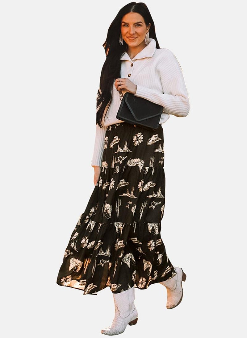 YUNIQEE Black Tiered Printed Elastic Waist Casual Skirt - Image 2