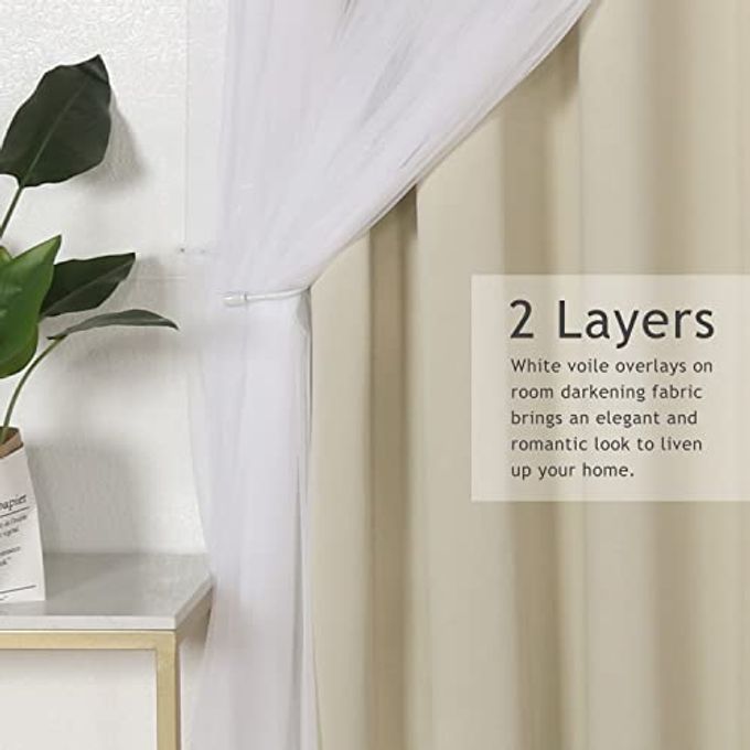 BONZER Mix and Match Blackout Curtains Grommet Double-Layered Curtains with White Sheer Voile for Girls Bedroom, Beige, 52x63 Inch, Set of 2 Panels - Image 3