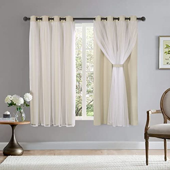 BONZER Mix and Match Blackout Curtains Grommet Double-Layered Curtains with White Sheer Voile for Girls Bedroom, Beige, 52x63 Inch, Set of 2 Panels - Image 1