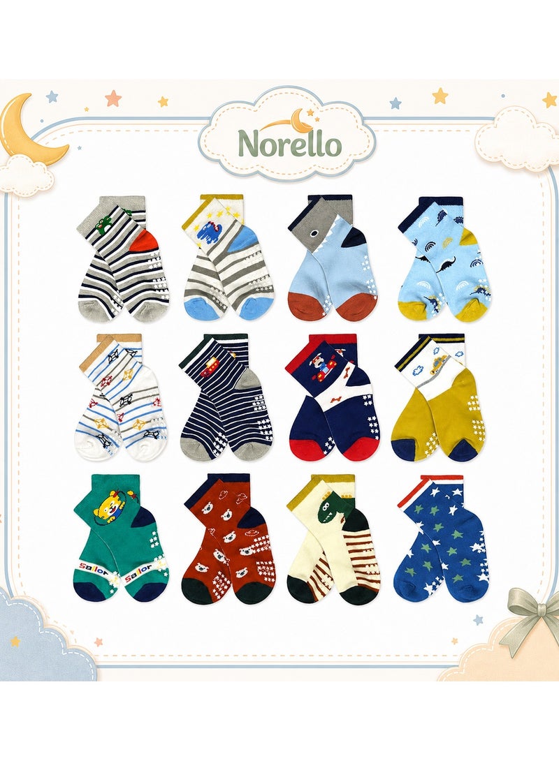 Norello 12 Pairs Baby Socks Of Cotton Non-Slip Striped Baby Boys Socks Multicolor - Image 1