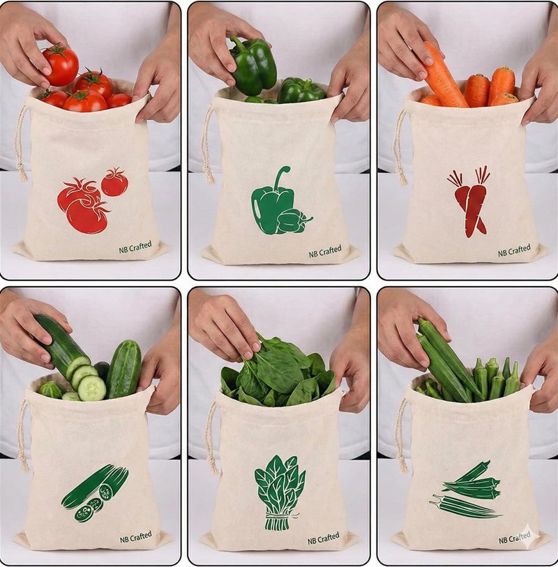 NB Crafted Vegetable Storage Bags for Fridge, Cotton Mesh Bag Reusable and Washable Multipurpose Eco Friendly Heavy-duty, Double Bags with Drawstrings (Pack of 5) - Image 3