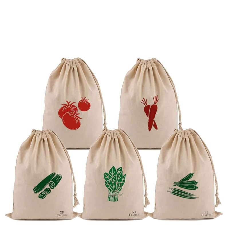 NB Crafted Vegetable Storage Bags for Fridge, Cotton Mesh Bag Reusable and Washable Multipurpose Eco Friendly Heavy-duty, Double Bags with Drawstrings (Pack of 5) - Image 1