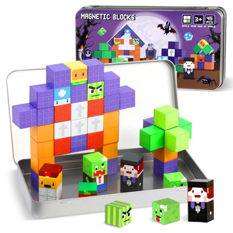 QOUBAI 45PCS Mini Magnetic Building Blocks Travel Toys Magnet Cubes Tiles Set with Case Birthday Classroom Learning Gifts for Kids Toddlers Boys Girls Ages 38 Zombies - Image 3