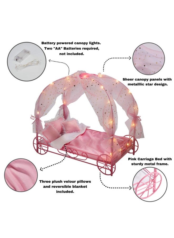 Badger Basket Toy Royal Doll Carriage Bed With Canopy Bedding And Led Lights For 18 Inch Dolls Pink/Stars - Image 4