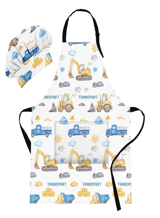 Bribay Apron and Chef Hat Set Boys Adjustable Bib Apron with Pocket, for Cooking Baking Painting Arts and Crafts, Dump Truck Digger Aprons - Image 1