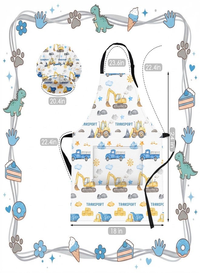 Bribay Apron and Chef Hat Set Boys Adjustable Bib Apron with Pocket, for Cooking Baking Painting Arts and Crafts, Dump Truck Digger Aprons - Image 3