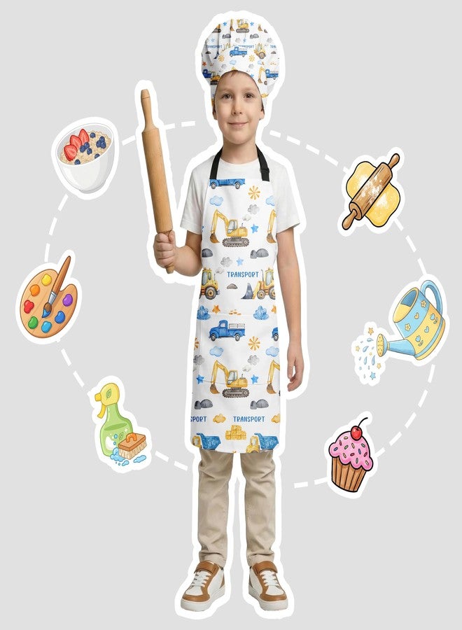 Bribay Apron and Chef Hat Set Boys Adjustable Bib Apron with Pocket, for Cooking Baking Painting Arts and Crafts, Dump Truck Digger Aprons - Image 2