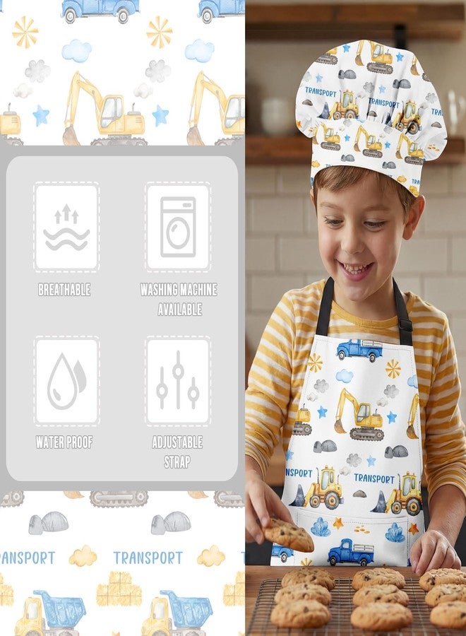 Bribay Apron and Chef Hat Set Boys Adjustable Bib Apron with Pocket, for Cooking Baking Painting Arts and Crafts, Dump Truck Digger Aprons - Image 4