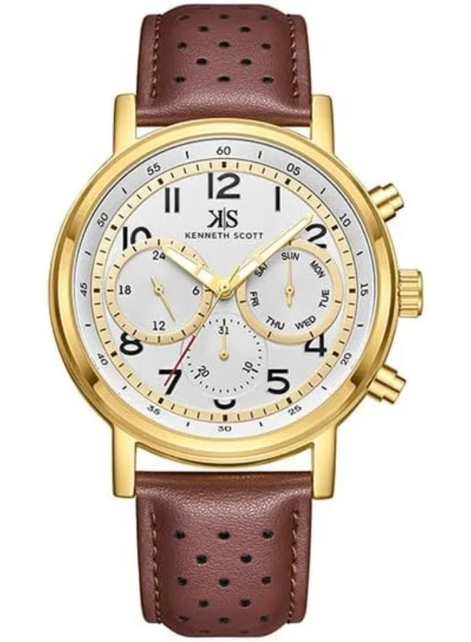 KENNETH SCOTT Kenneth Scott Men's Epson VX9J Movement Watch, Analog Display and Leather Strap - K24119-GLDW, Brown