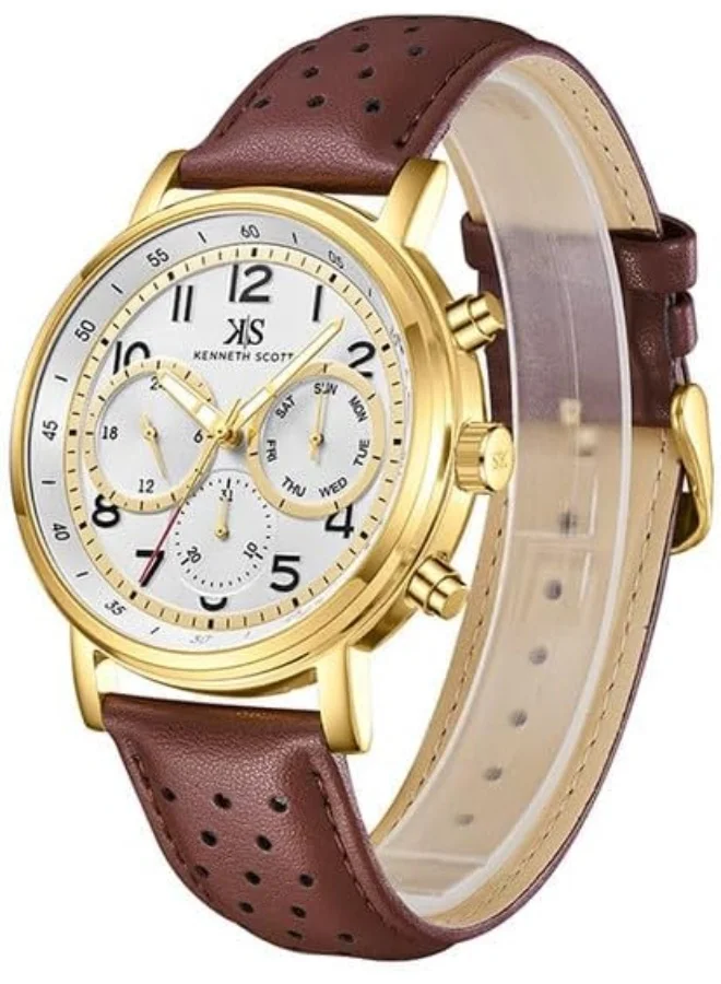 KENNETH SCOTT Kenneth Scott Men's Epson VX9J Movement Watch, Analog Display and Leather Strap - K24119-GLDW, Brown