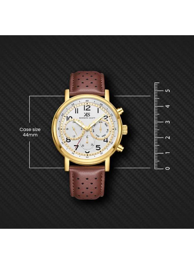 Kenneth Scott White Kenneth Scott Men's Epson VX9J Movement Watch, Analog Display and Leather Strap - K24119-GLDW, Brown for Men | Best Price UAE