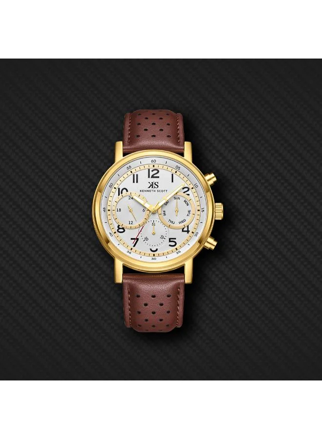 Kenneth Scott White Kenneth Scott Men's Epson VX9J Movement Watch, Analog Display and Leather Strap - K24119-GLDW, Brown for Men | Best Price UAE