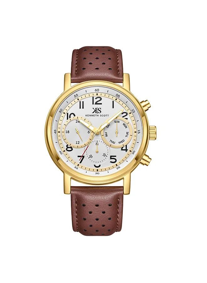 KENNETH SCOTT Kenneth Scott Men's Epson VX9J Movement Watch, Analog Display and Leather Strap - K24119-GLDW, Brown