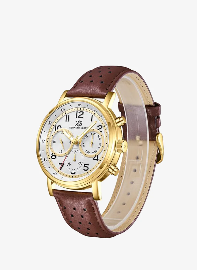 Kenneth Scott White Kenneth Scott Men's Epson VX9J Movement Watch, Analog Display and Leather Strap - K24119-GLDW, Brown for Men | Best Price UAE