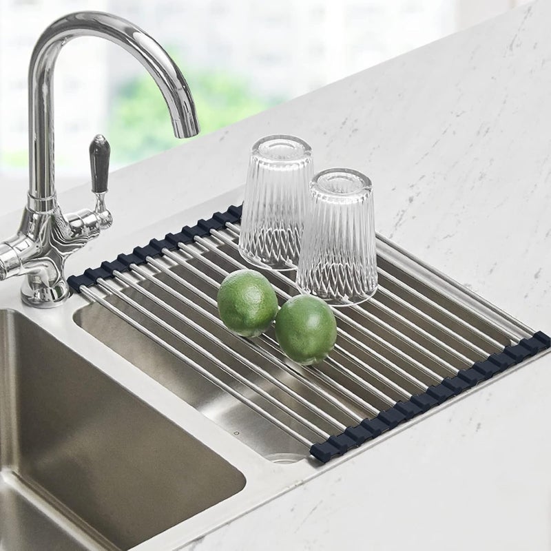 Seropy Roll Up Dish Drying Rack Over The Sink for Kitchen Sink Drying Rack Folding Dish Drainer Mat Rolling Dish Rack Sink Rack Stainless Steel Kitchen Dry Rack Black 17.5x15.7 Inch - Image 1