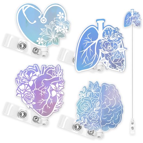Xylolfsty Nurse Badge Reels 4PCS Retractable Badge Holders with Alligator Clip Iridescent Heart Brain Patterns Holographic Style Cute Badge Reels for RN Nurse Doctor Student Nursing Graduation Appreciation Gift - Image 1