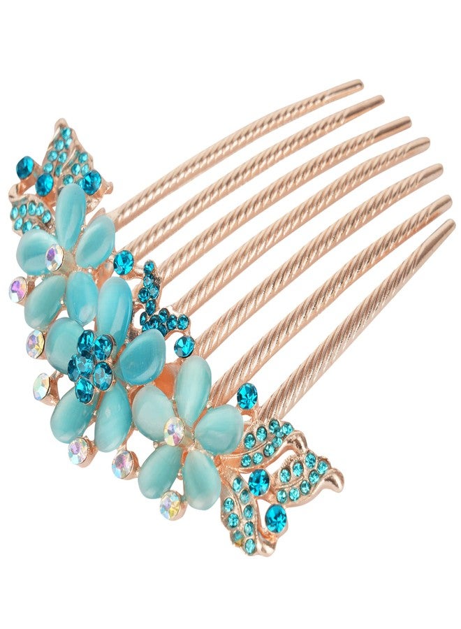 ZEMANIA مشط جانبي للشعر من زيمانيا مزين بزهرة كريستالية أكريليك | قطعة شعر ذهبية مرصعة بأحجار الراين لحفلات الزفاف والخطوبة، إكسسوارات شعر للنساء والفتيات (أزرق) - Image 3
