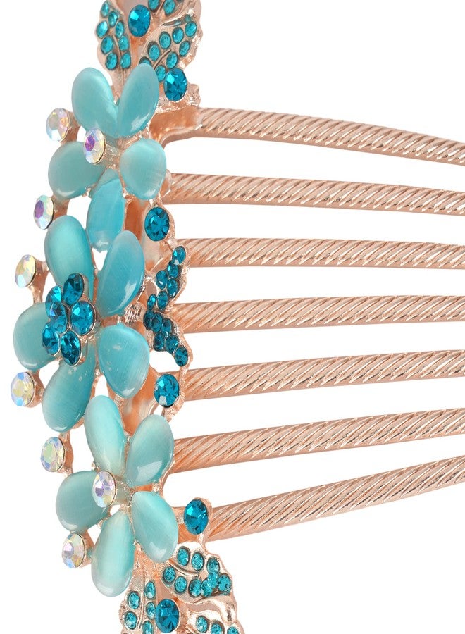 ZEMANIA مشط جانبي للشعر من زيمانيا مزين بزهرة كريستالية أكريليك | قطعة شعر ذهبية مرصعة بأحجار الراين لحفلات الزفاف والخطوبة، إكسسوارات شعر للنساء والفتيات (أزرق) - Image 4