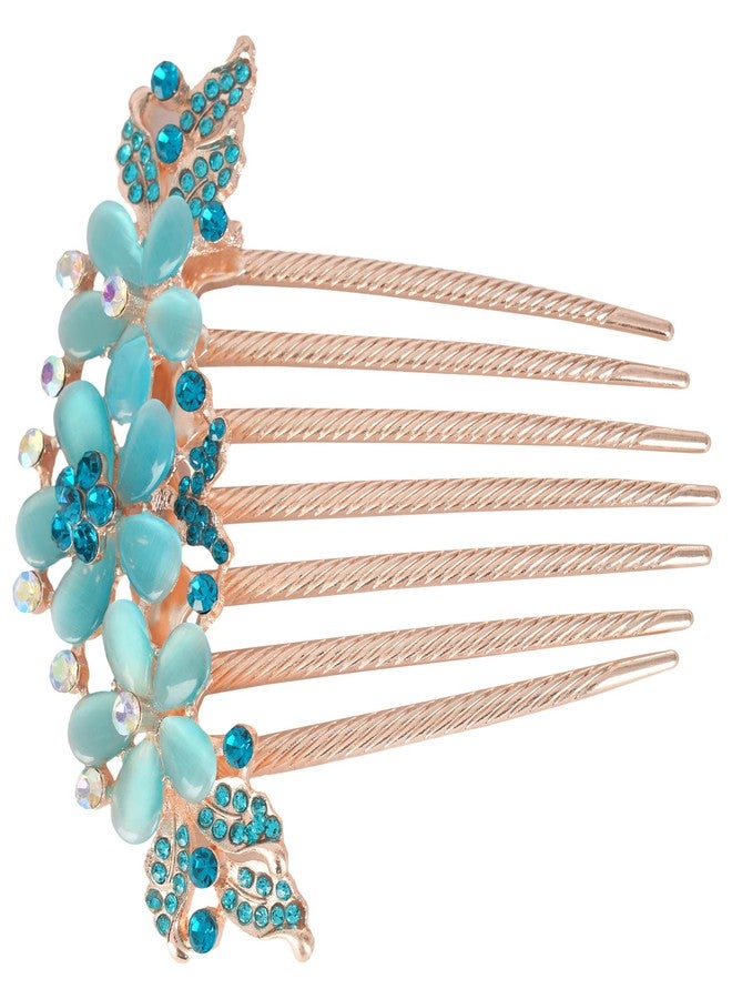 ZEMANIA مشط جانبي للشعر من زيمانيا مزين بزهرة كريستالية أكريليك | قطعة شعر ذهبية مرصعة بأحجار الراين لحفلات الزفاف والخطوبة، إكسسوارات شعر للنساء والفتيات (أزرق) - Image 2