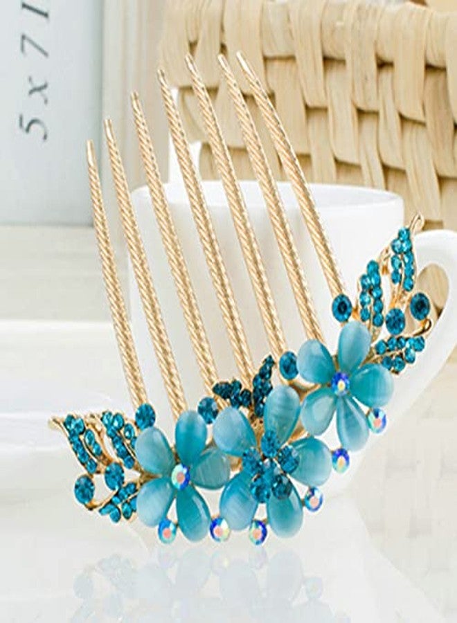 ZEMANIA مشط جانبي للشعر من زيمانيا مزين بزهرة كريستالية أكريليك | قطعة شعر ذهبية مرصعة بأحجار الراين لحفلات الزفاف والخطوبة، إكسسوارات شعر للنساء والفتيات (أزرق) - Image 5