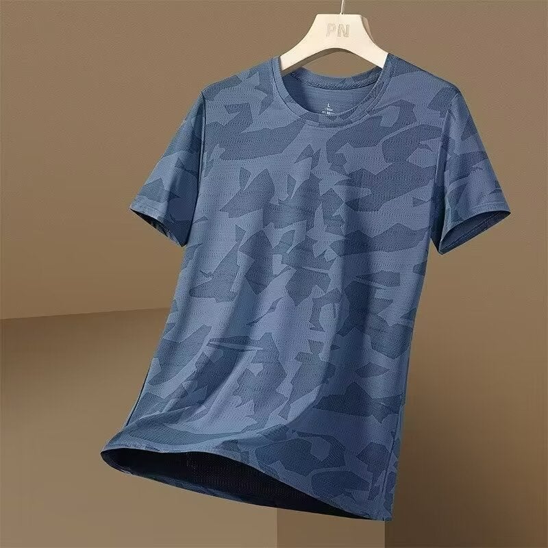 تي شيرت صيفي رقيق من حرير الثلج بأكمام قصيرة للرجال، تي شيرت رياضي فضفاض للرجال، ملابس الشباب، ملابس الرجال 【4】m34 الأزرق - Image 1