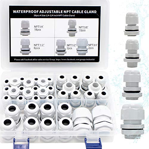 MAKERELE Plastic Waterproof Adjustable 38pcs NPT Cable Connectors Kit 1/4” 3/8” 1/2” 3/4” Grey Cable Glands Nylon Joints With Gaskets - Image 1