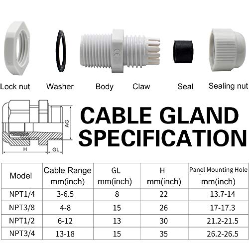 MAKERELE Plastic Waterproof Adjustable 38pcs NPT Cable Connectors Kit 1/4” 3/8” 1/2” 3/4” Grey Cable Glands Nylon Joints With Gaskets - Image 3