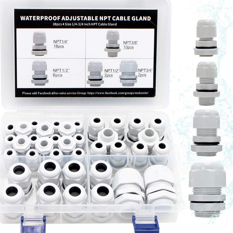 MAKERELE Plastic Waterproof Adjustable 38pcs NPT Cable Connectors Kit 1/4” 3/8” 1/2” 3/4” Grey Cable Glands Nylon Joints With Gaskets - Image 5