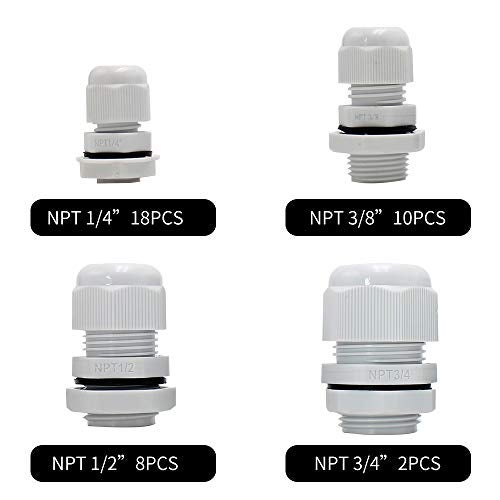 MAKERELE Plastic Waterproof Adjustable 38pcs NPT Cable Connectors Kit 1/4” 3/8” 1/2” 3/4” Grey Cable Glands Nylon Joints With Gaskets - Image 2