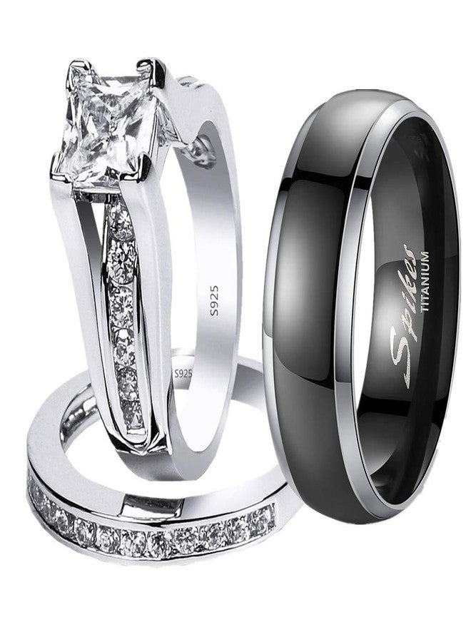 MABELLA His and Hers 3Pc Titanium Matching Band Pretty Women Princess Cut 925 Sterling Silver Wedding Ring Set Women's Size 5 Men's Size 11 - Image 1