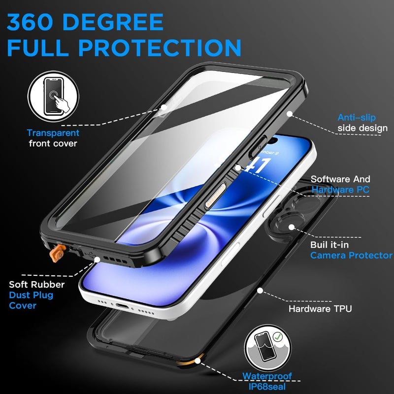 ايه اي كيس متوافق مع iPhone 16 غطاء مقاوم للماء، مقاوم للثلوج والغبار والصدمات، معتمد بشهادة IP68، حماية كاملة للجسم، علبة مغلقة بالكامل للاستخدام تحت الماء - Image 2