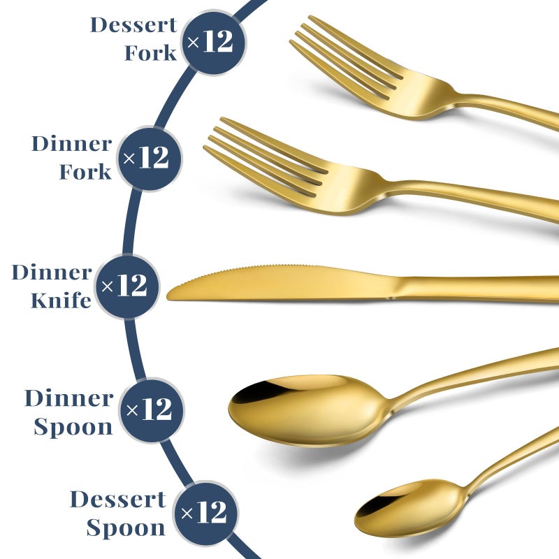 Hunnycook 60-Piece Gold Silverware Set - Stainless Steel Silverware Set for 12, Includes Forks Spoons and Knives, Utensil Sets for Home Kitchen Restaurant, Dishwasher Safe - Image 3