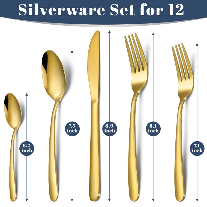 Hunnycook 60-Piece Gold Silverware Set - Stainless Steel Silverware Set for 12, Includes Forks Spoons and Knives, Utensil Sets for Home Kitchen Restaurant, Dishwasher Safe - Image 2