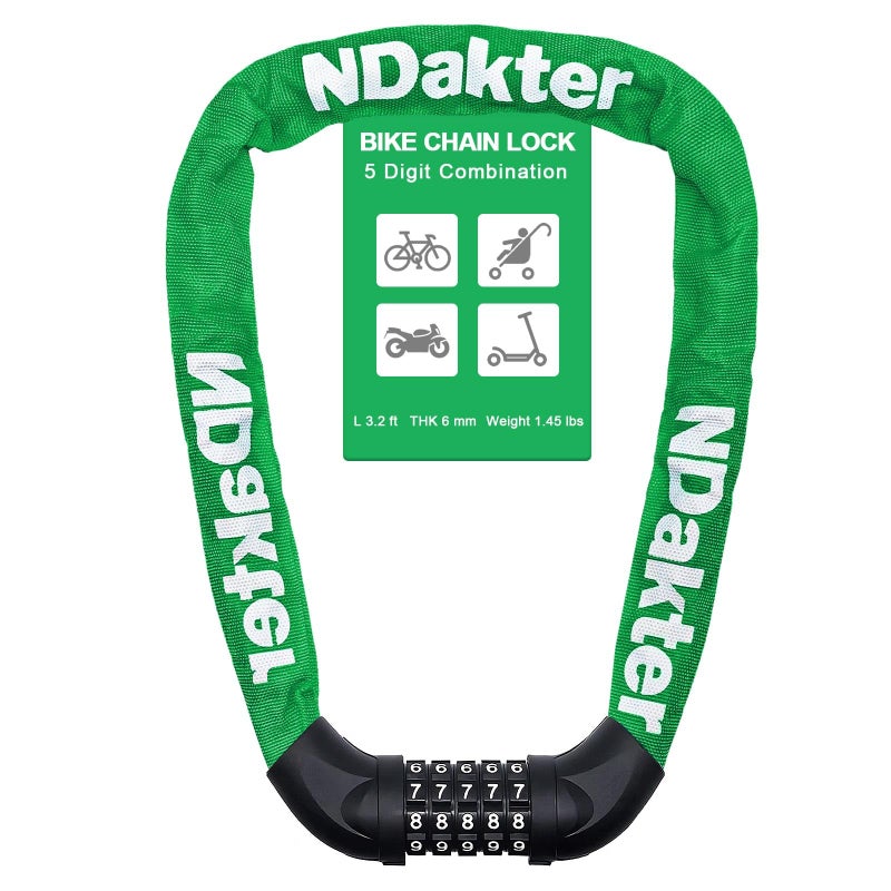 NDakter Bike Chain Lock, 5 Digit Combination Heavy Duty Anti Theft Bicycle Chain Lock,2.62/3.2/4.27/5/6Ft Long Security Resettable Bike Locks for Bike, Bicycle, Scooter, Door, Gate, Fence-4/6mm Thick - Image 1