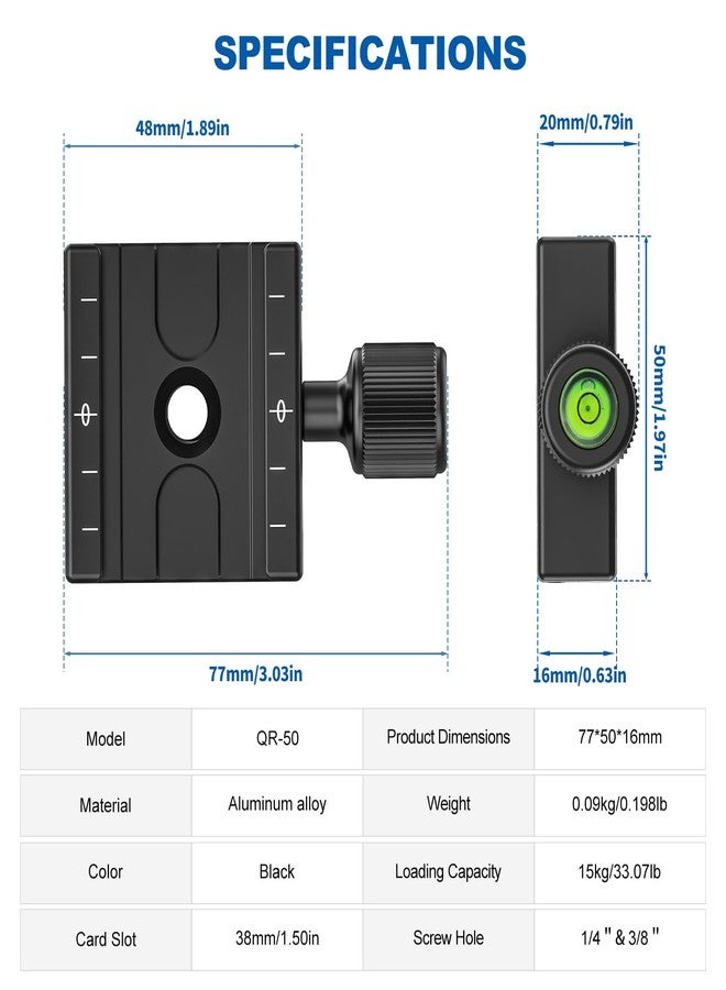 CAVIX QR-50 50mm Quick Release Clamp with 3/8"-1/4" Screw Adapter for Camera Tripod Head Compatible with Arca Swiss Type Plate - Image 3