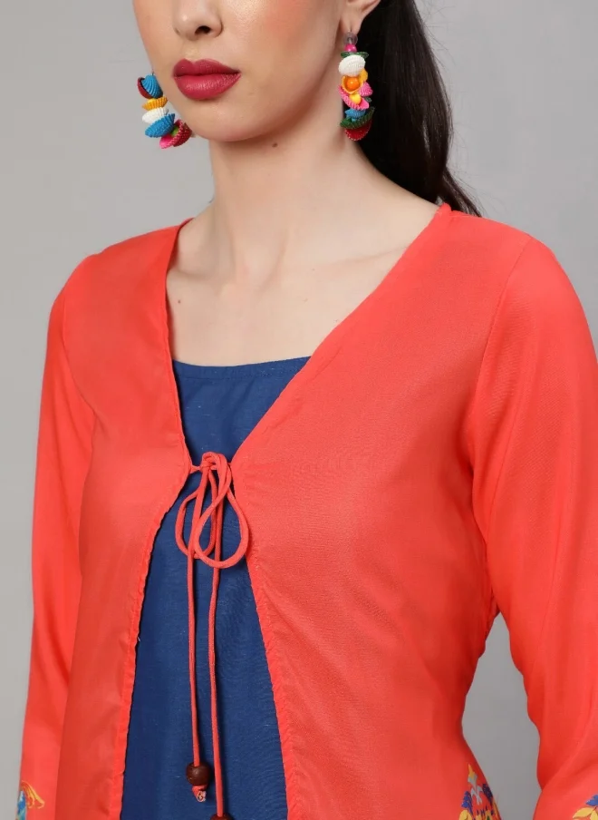 AKS Navy Blue Sheath Dress With Printed Shrug For Women