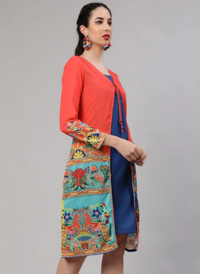 أيه كيه إس Navy Blue Sheath Dress With Printed Shrug For Women