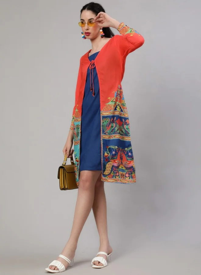 أيه كيه إس Navy Blue Sheath Dress With Printed Shrug For Women