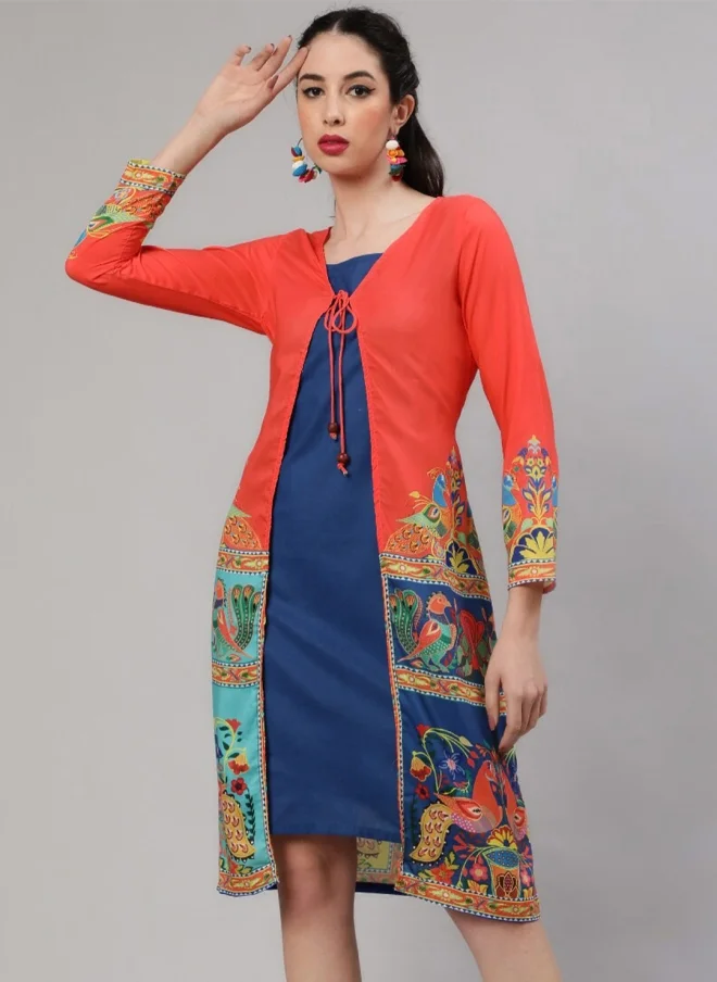 AKS Navy Blue Sheath Dress With Printed Shrug For Women