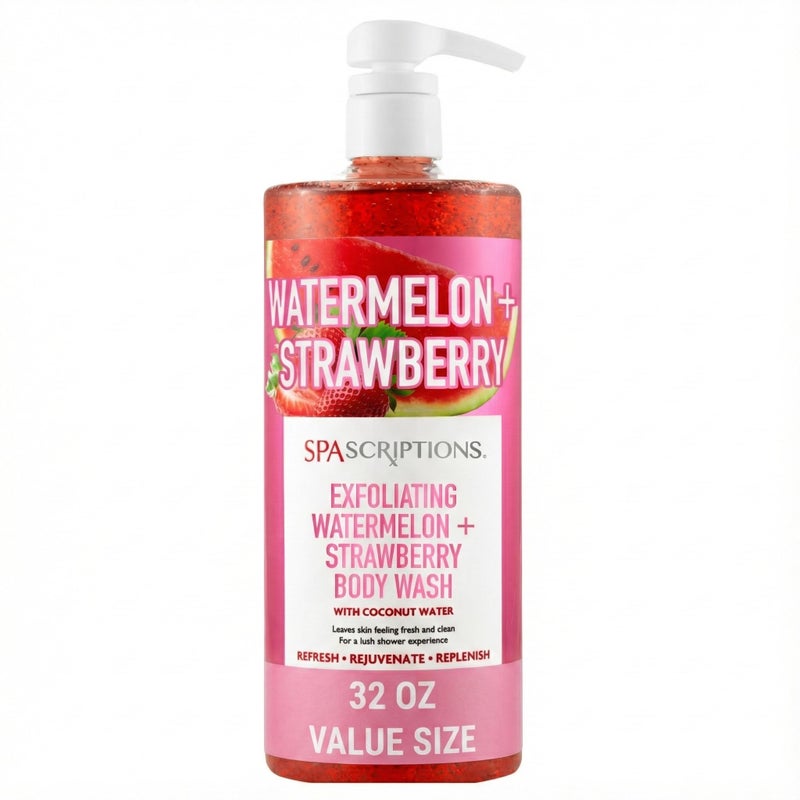 SpaScriptions Watermelon & Strawberry Exfoliating Body Wash - 32 fl oz Scented Natural Daily Cleanse Body Scrub Gel with Moisturizing Coconut Water for Smooth Radiant Refreshing Skin, Paraben Free - Image 1