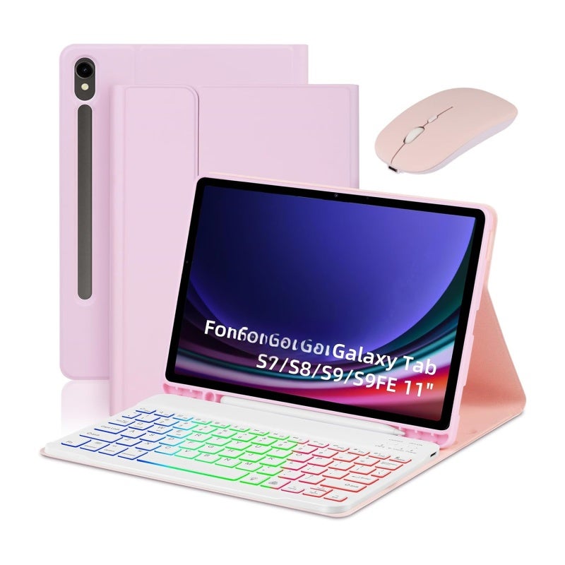 Detachable Backlit Bluetooth Keyboard: Pink 7-Color Backlit Rechargeable Magnetic Keyboard - Multi-Angle Stand Honeycomb TPU Protective Case for Samsung Galaxy Tab S7/S8/S9/S9FE Travel & Mobile Office - Image 1