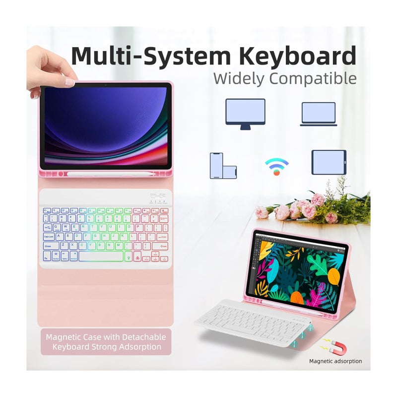 Detachable Backlit Bluetooth Keyboard: Pink 7-Color Backlit Rechargeable Magnetic Keyboard - Multi-Angle Stand Honeycomb TPU Protective Case for Samsung Galaxy Tab S7/S8/S9/S9FE Travel & Mobile Office - Image 2