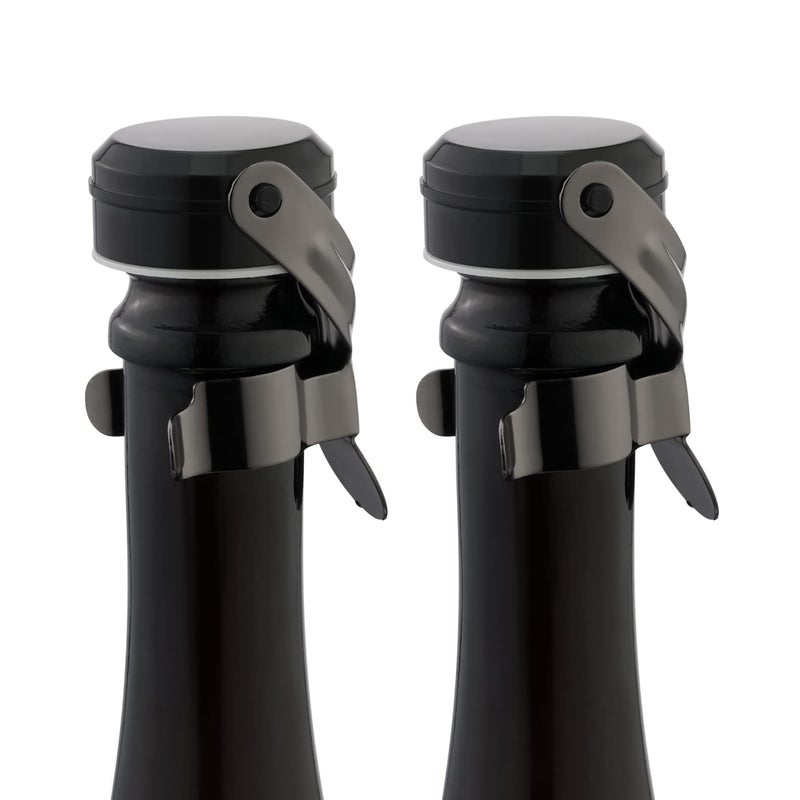 WOTOR ChampagneWine Stopper Stainless Steel with Food Grade Silicone LeakProof and Bubble Retaining Saver Keeps WineChampagne FreshSuitable for all Standard Size WineSparkling2 Pack MetalBlack