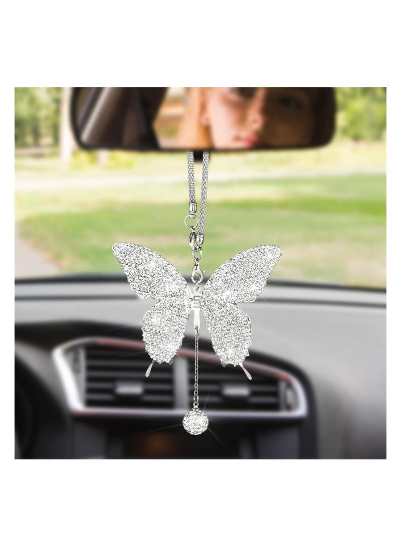 Excefore زينة مرآة السيارة ملحقات ملحقات السيارة مرآة الرؤية الخلفية مرآة زينة سيارات براقة زينة معلق على شكل الماس زينة معلقة محظوظة ملحقات سيارات للنساء بيضاء - Image 1