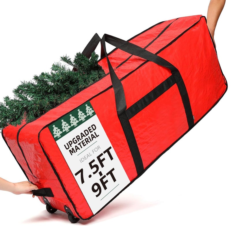 HOMEST Christmas Tree Storage Bag, Fits for 7.5-9 ft Xmas Artificials, Zippered Bag with Reinforced Carrying Handles and Wheels, Red (Bag Only) - Image 1