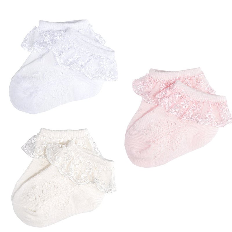 EPEIUS 3 Pair BabyGirls Eyelet Frilly Lace Socks Princess Ankle Socks WhitePinkIvory 1224 MonthsToddler Shoe Size 59